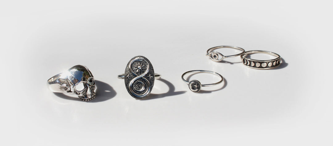 Sterling Silver Rings, Raven, moon phases, skull ring