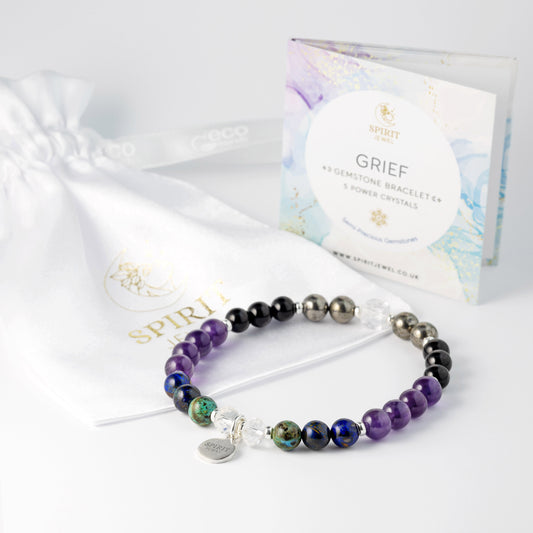 a bracelet with purple, blue, and black beads, along with a white bag and a package of the bracelet.