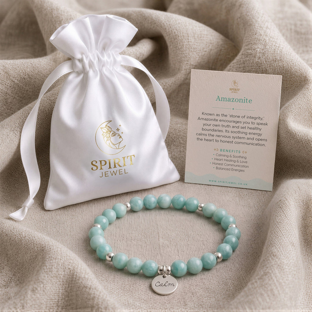 Amazonite Crystal Beaded Bracelets with Crystal Meanings Guide and Spirit Jewel Pouch