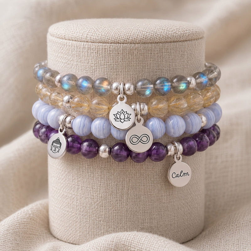  anxiety crystal bracelets, handmade in 925 sterling silver to support calm and ease worry. Each one combines gemstones chosen for their soothing, protective energy. Personalise yours with an engraved charm, word, or initials.