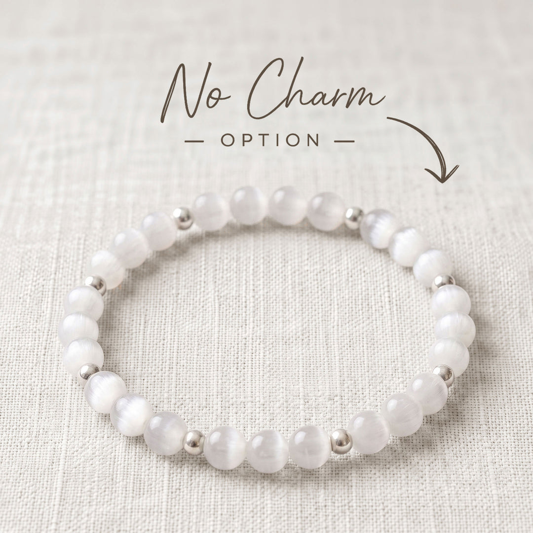Selenite Crystal Beaded Bracelet, 925 Sterling Silver