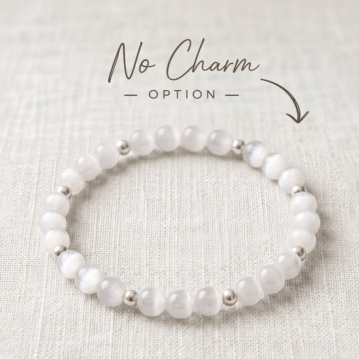 Selenite Crystal Beaded Bracelet, 925 Sterling Silver