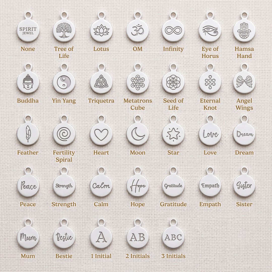 Spirit Jewel personalised charm options: engraved sterling silver spiritual symbols, initials and word charms including Tree of Life, Lotus, OM, Hamsa Hand, Angel Wings, Love and Strength