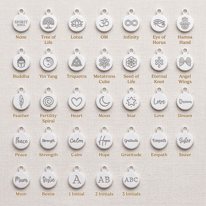 Spirit Jewel personalised charm options: engraved sterling silver spiritual symbols, initials and word charms including Tree of Life, Lotus, OM, Hamsa Hand, Angel Wings, Love and Strength