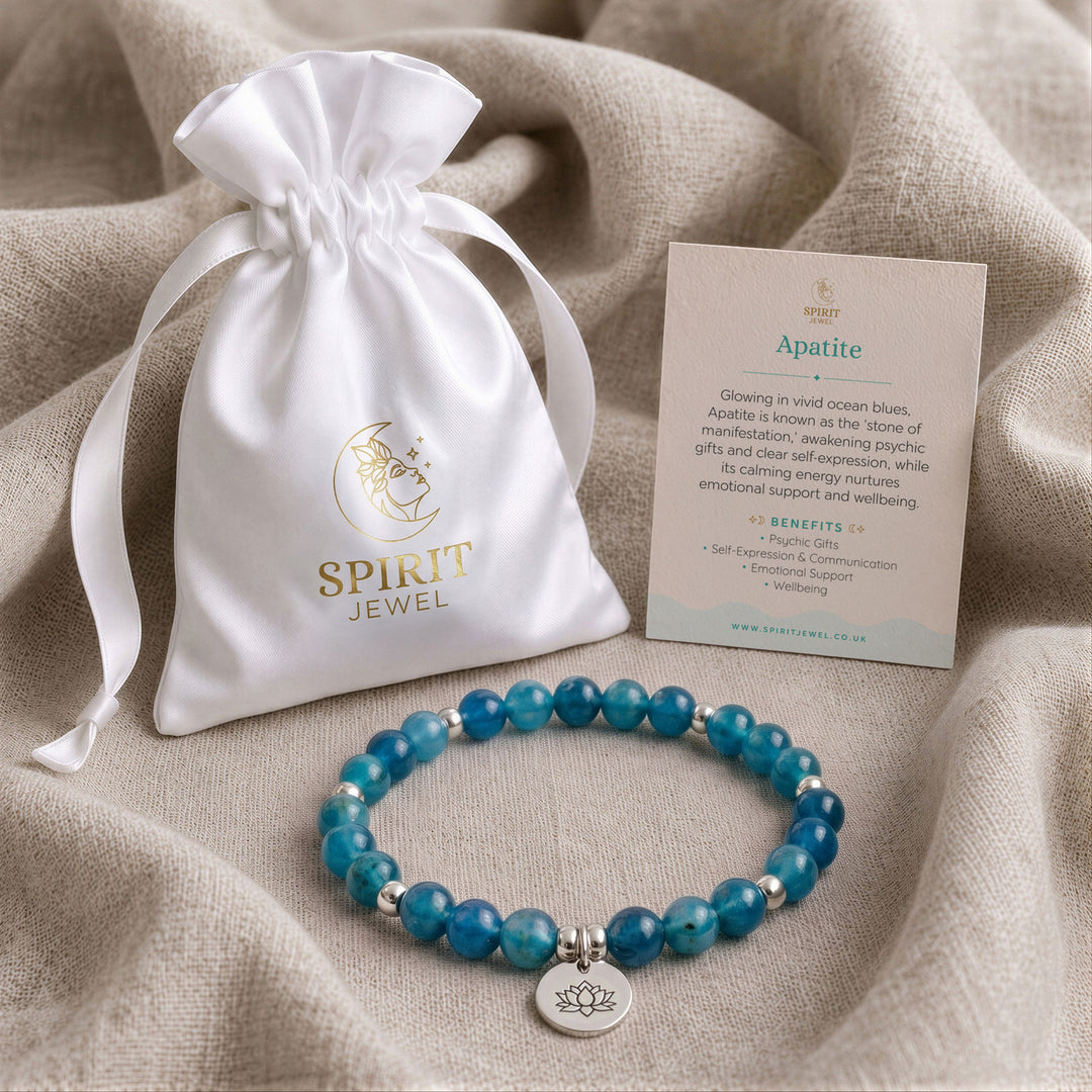 Apatite beaded crystal bracelet in a Spirit Jewel gift pouch with a crystal meaning card
