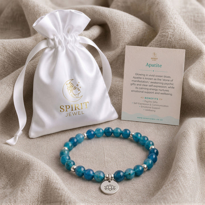 Apatite beaded crystal bracelet in a Spirit Jewel gift pouch with a crystal meaning card