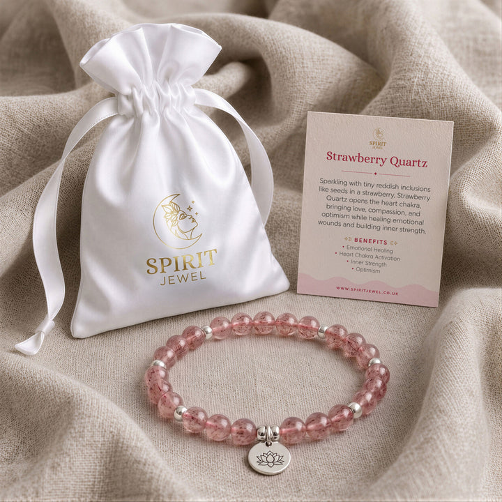 Strawberry Quartz beaded crystal bracelet in a Spirit Jewel gift pouch with a crystal meaning card