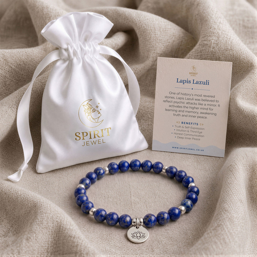 Lapis Lazuli beaded crystal bracelet in a Spirit Jewel gift pouch with a crystal meaning card