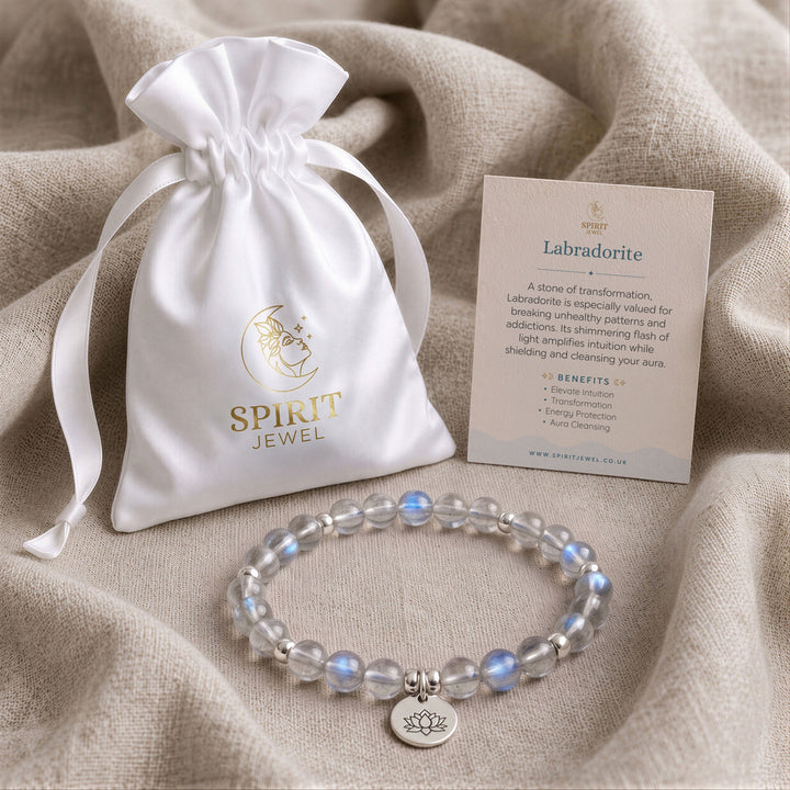 Labradorite beaded crystal bracelet in a Spirit Jewel gift pouch with a crystal meaning card