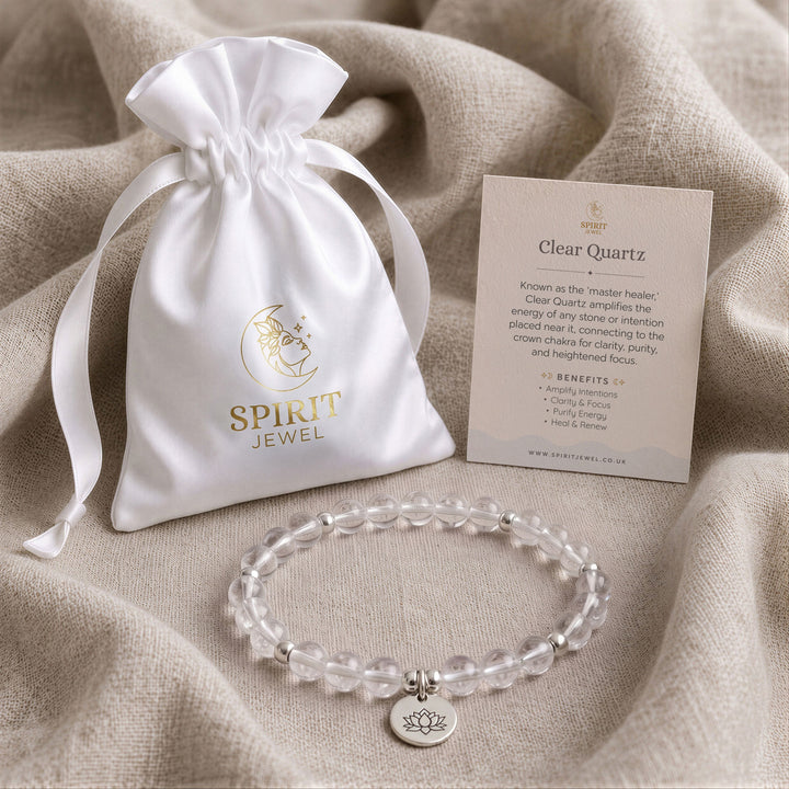 Clear Quartz beaded crystal bracelet in a Spirit Jewel gift pouch with a crystal meaning card