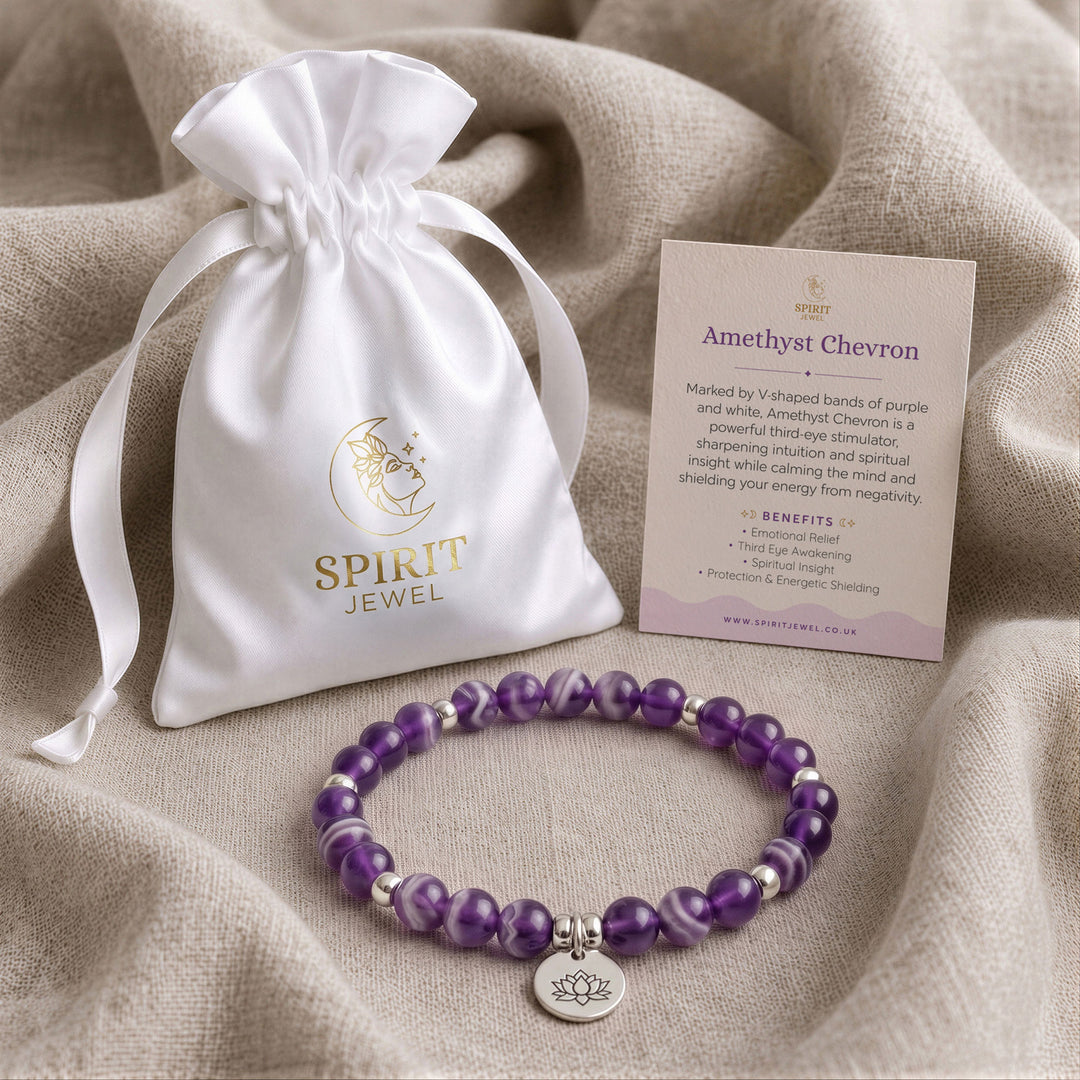 Amethyst Chevron beaded crystal bracelet in a Spirit Jewel gift pouch with a crystal meaning card