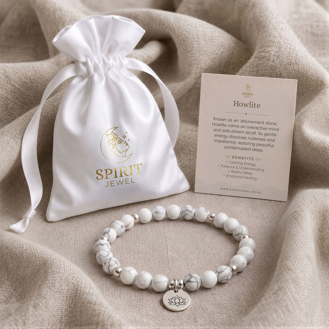 Howlite beaded crystal bracelet in a Spirit Jewel gift pouch with a crystal meaning card