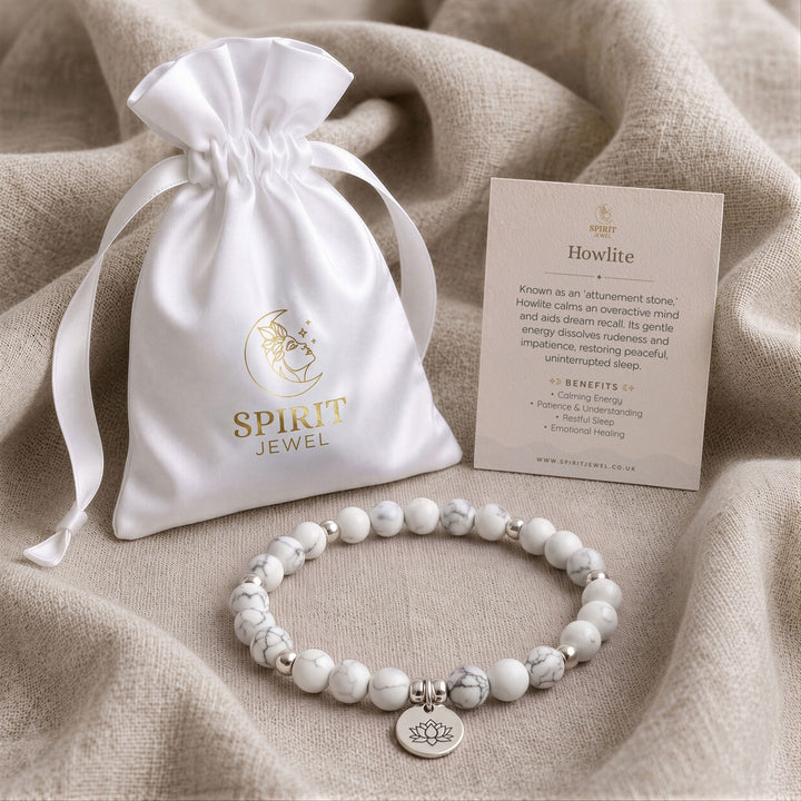 Howlite beaded crystal bracelet in a Spirit Jewel gift pouch with a crystal meaning card