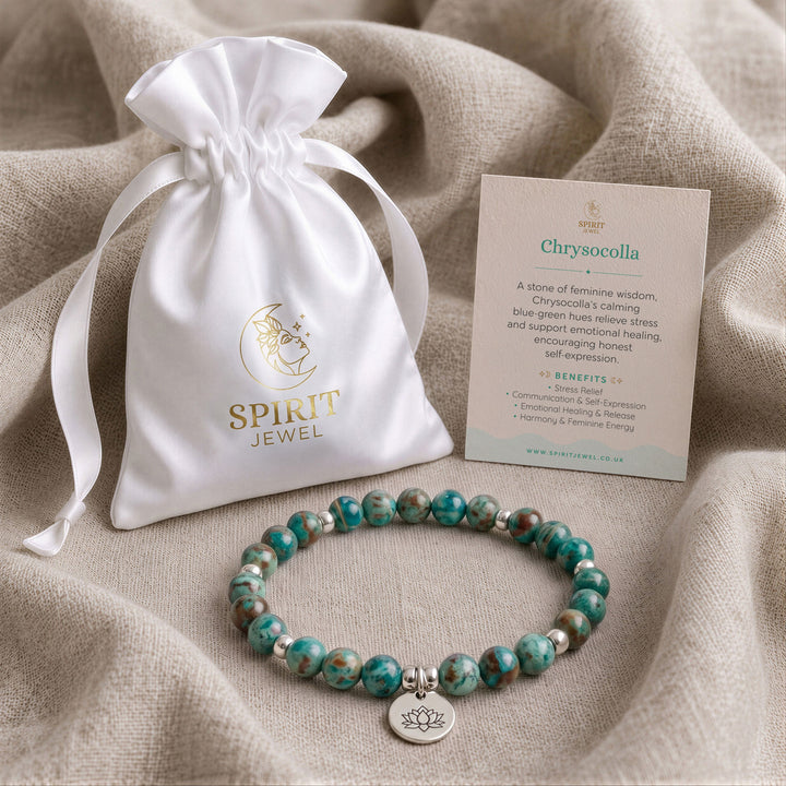 Chrysocolla beaded crystal bracelet in a Spirit Jewel gift pouch with a crystal meaning card