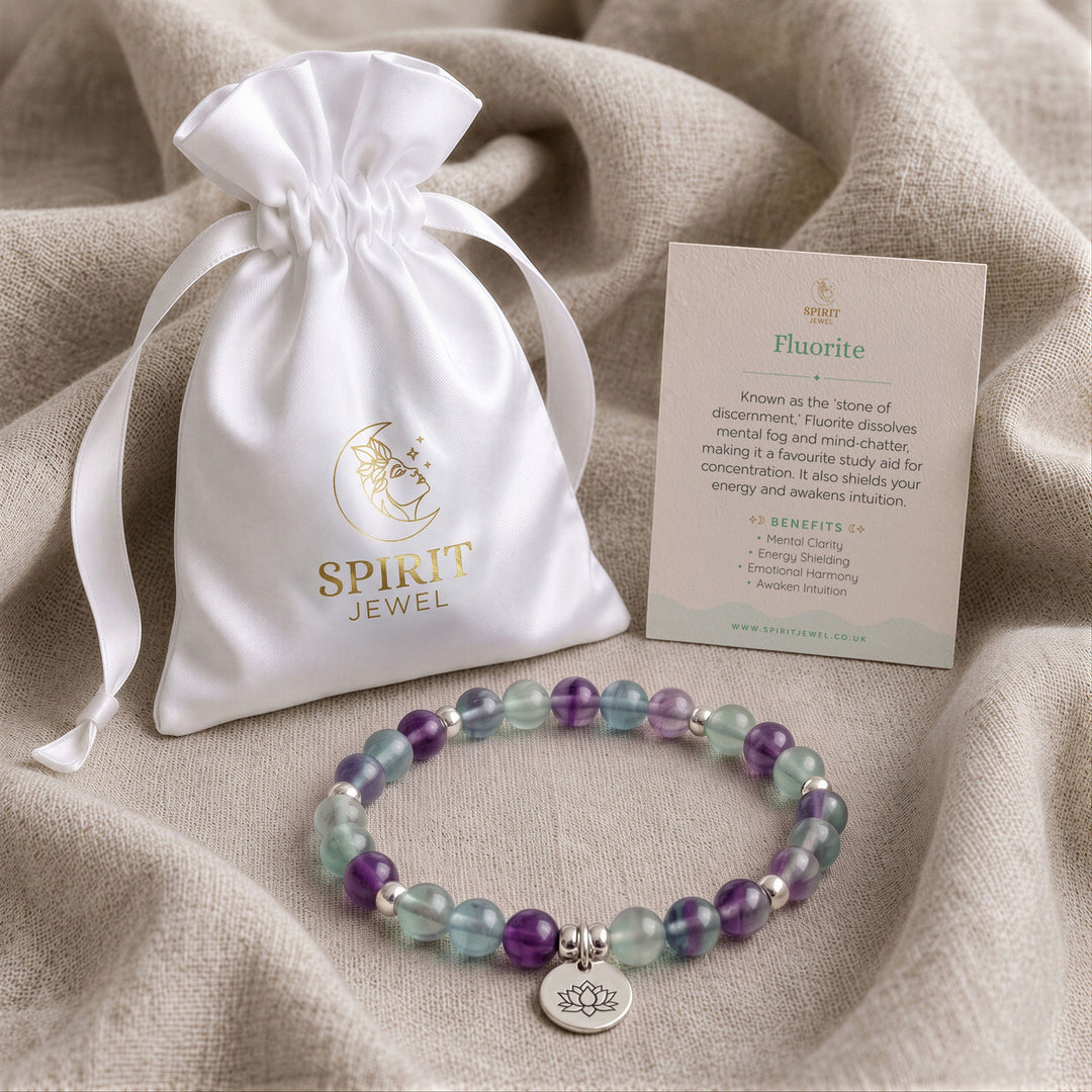 Fluorite beaded crystal bracelet in a Spirit Jewel gift pouch with a crystal meaning card