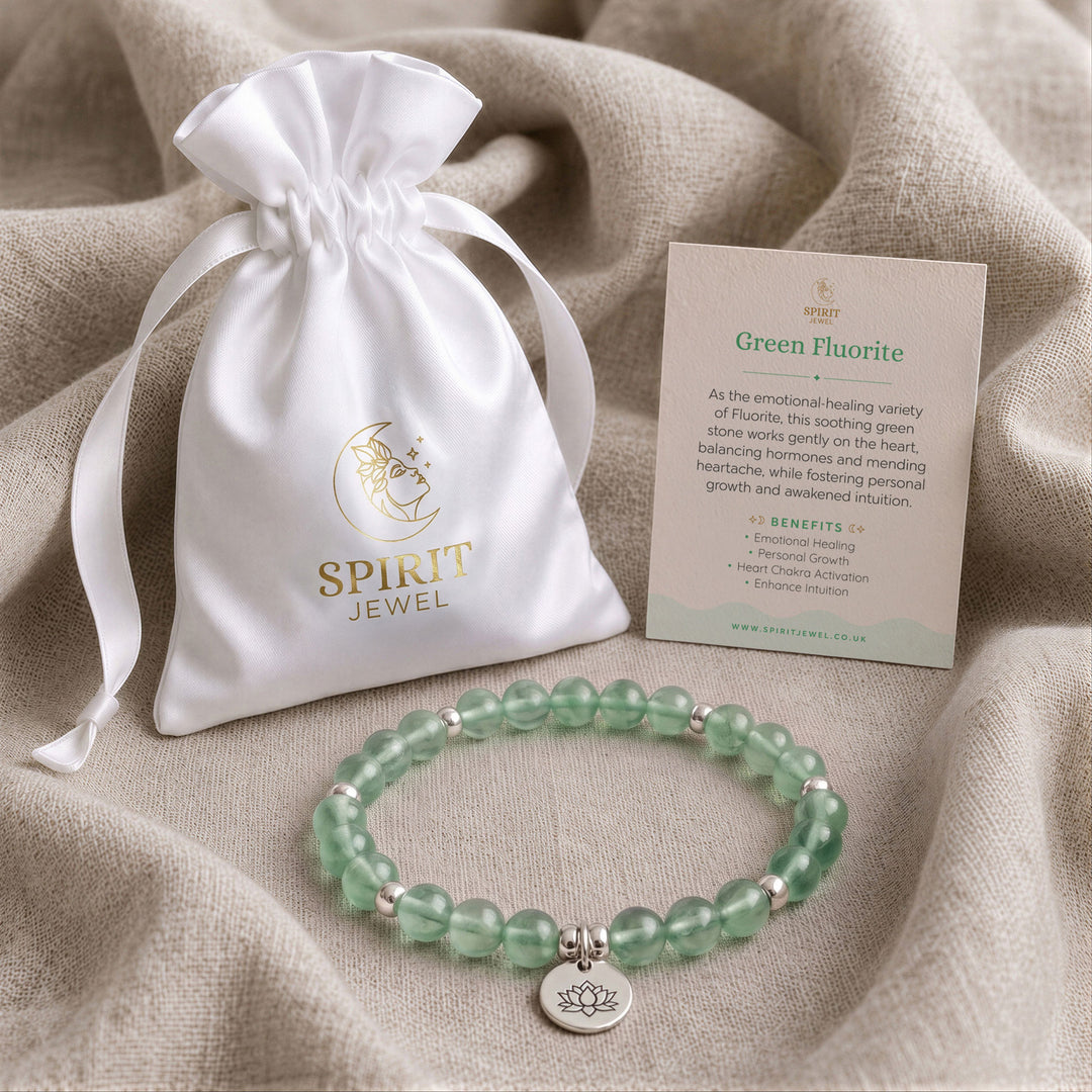 Green Fluorite beaded crystal bracelet in a Spirit Jewel gift pouch with a crystal meaning card