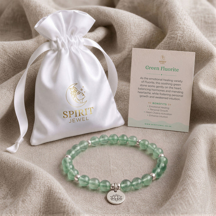 Green Fluorite beaded crystal bracelet in a Spirit Jewel gift pouch with a crystal meaning card