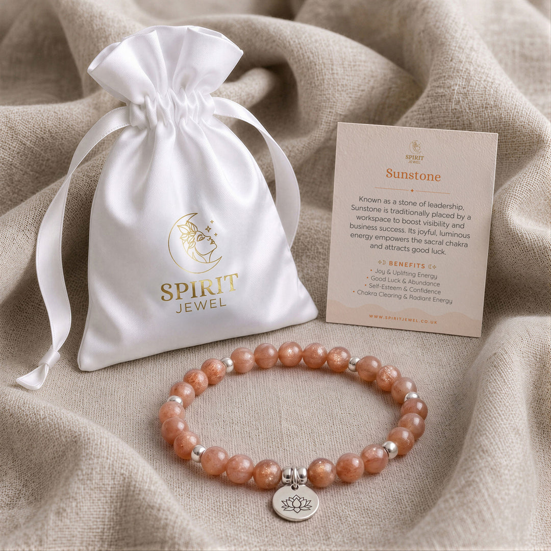 Sunstone beaded crystal bracelet in a Spirit Jewel gift pouch with a crystal meaning card