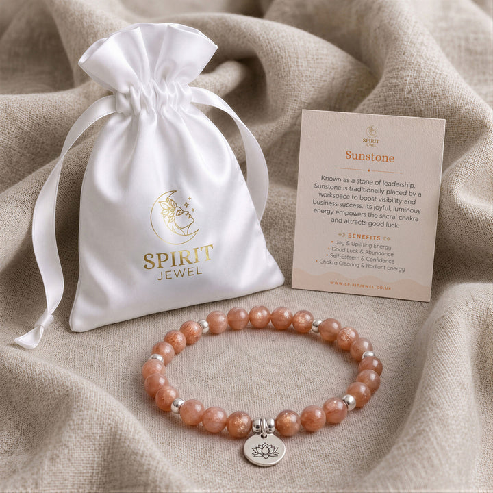 Sunstone beaded crystal bracelet in a Spirit Jewel gift pouch with a crystal meaning card