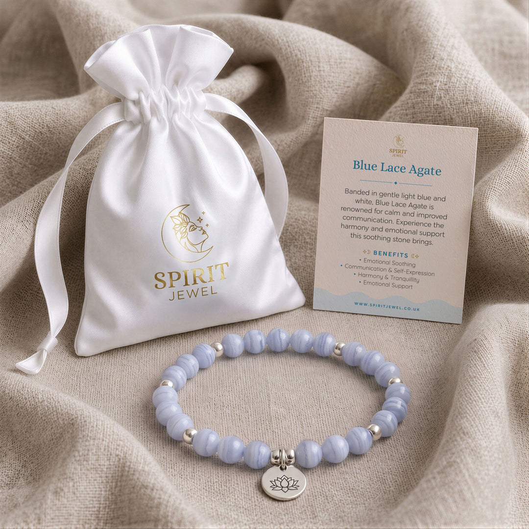 Blue Lace Agate beaded crystal bracelet in a Spirit Jewel gift pouch with a crystal meaning card