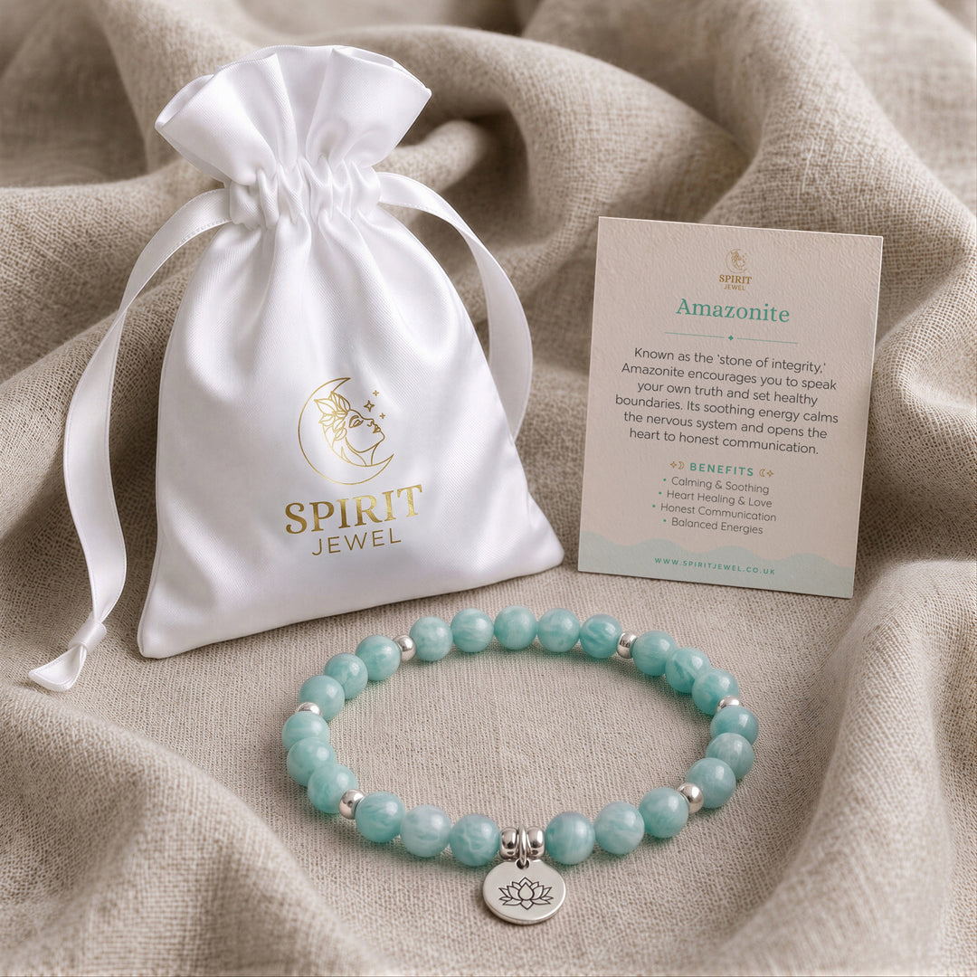 Amazonite beaded crystal bracelet in a Spirit Jewel gift pouch with a crystal meaning card