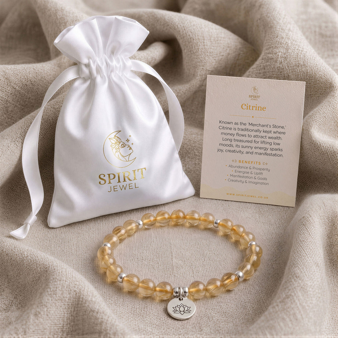 Citrine beaded crystal bracelet in a Spirit Jewel gift pouch with a crystal meaning card