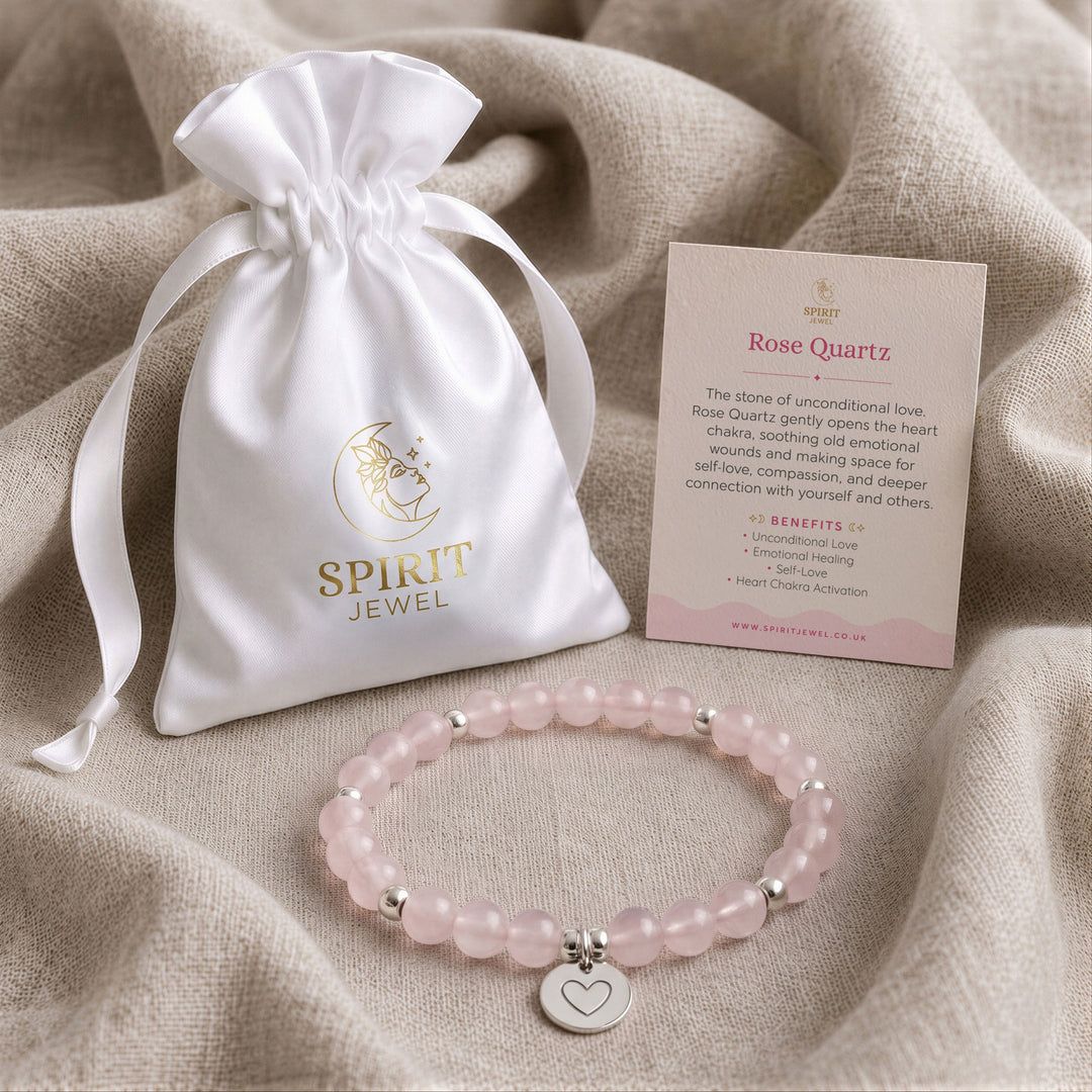 Rose Quartz beaded crystal bracelet in a Spirit Jewel gift pouch with a crystal meaning card