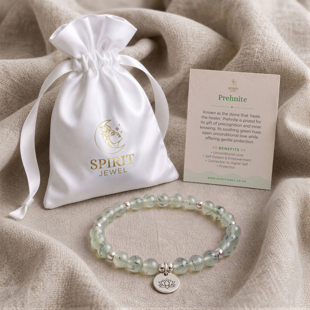 Prehnite beaded crystal bracelet in a Spirit Jewel gift pouch with a crystal meaning card