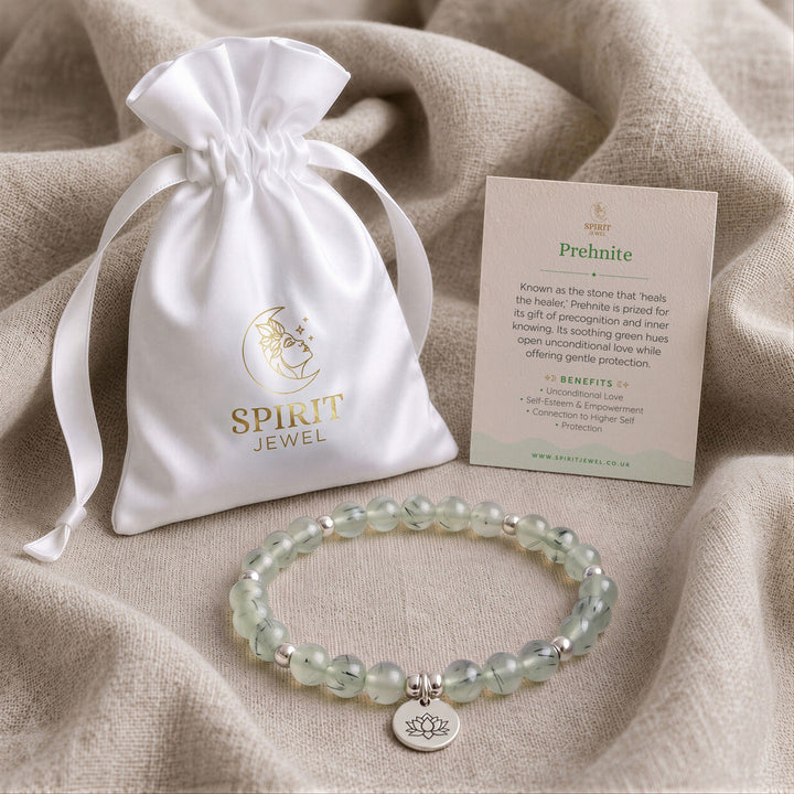 Prehnite beaded crystal bracelet in a Spirit Jewel gift pouch with a crystal meaning card