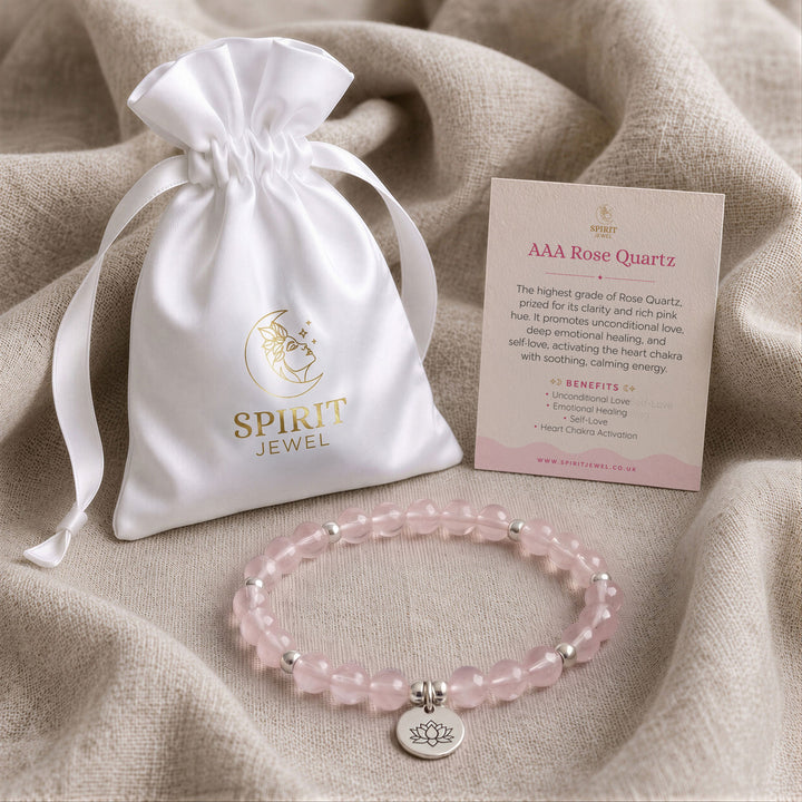 Rose Quartz beaded crystal bracelet in a Spirit Jewel gift pouch with a crystal meaning card