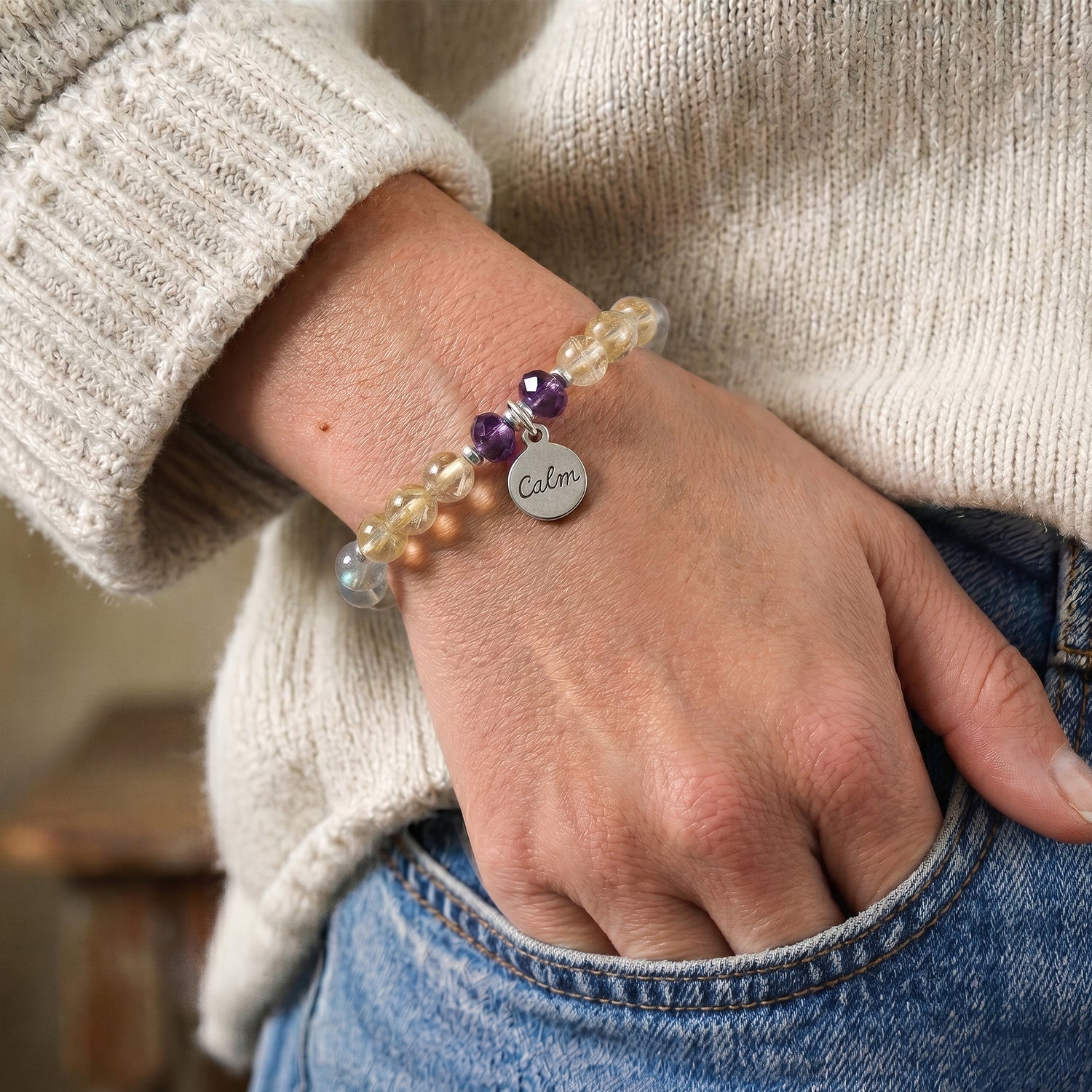 Citrine & Amethyst Personalised Anxiety Crystal Bracelet shown worn on the wrist