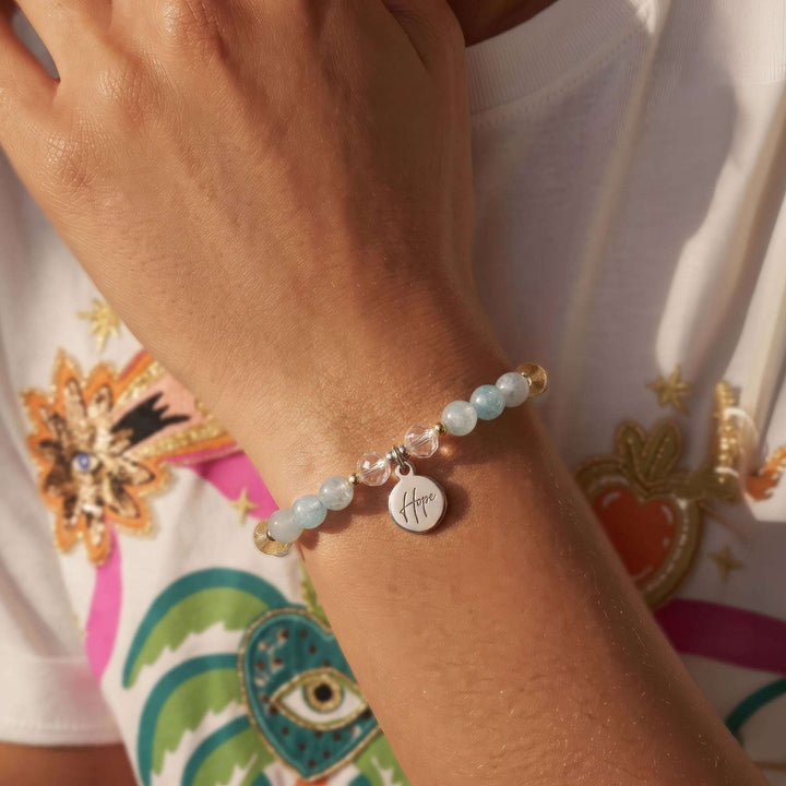 Aquamarine, Citrine, Rose Quartz Personalised Depression Crystal Bracelet shown worn on the wrist