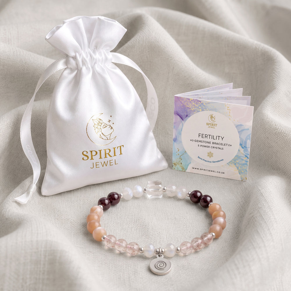 Peach Moonstone Personalised Fertility Crystal Bracelet with Spirit Jewel Pouch and Crystal Meanings Guide