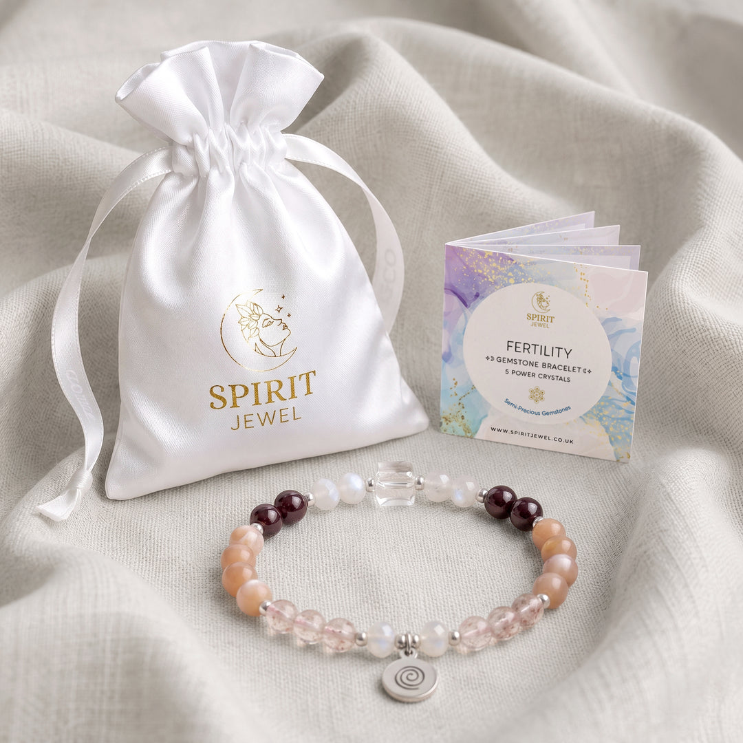 Peach Moonstone Personalised Fertility Crystal Bracelet with Spirit Jewel Pouch and Crystal Meanings Guide