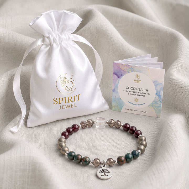 Clear Quartz &amp; Pyrite Personalised Good Health Crystal Bracelet with Spirit Jewel Pouch and Crystal Meanings Guide