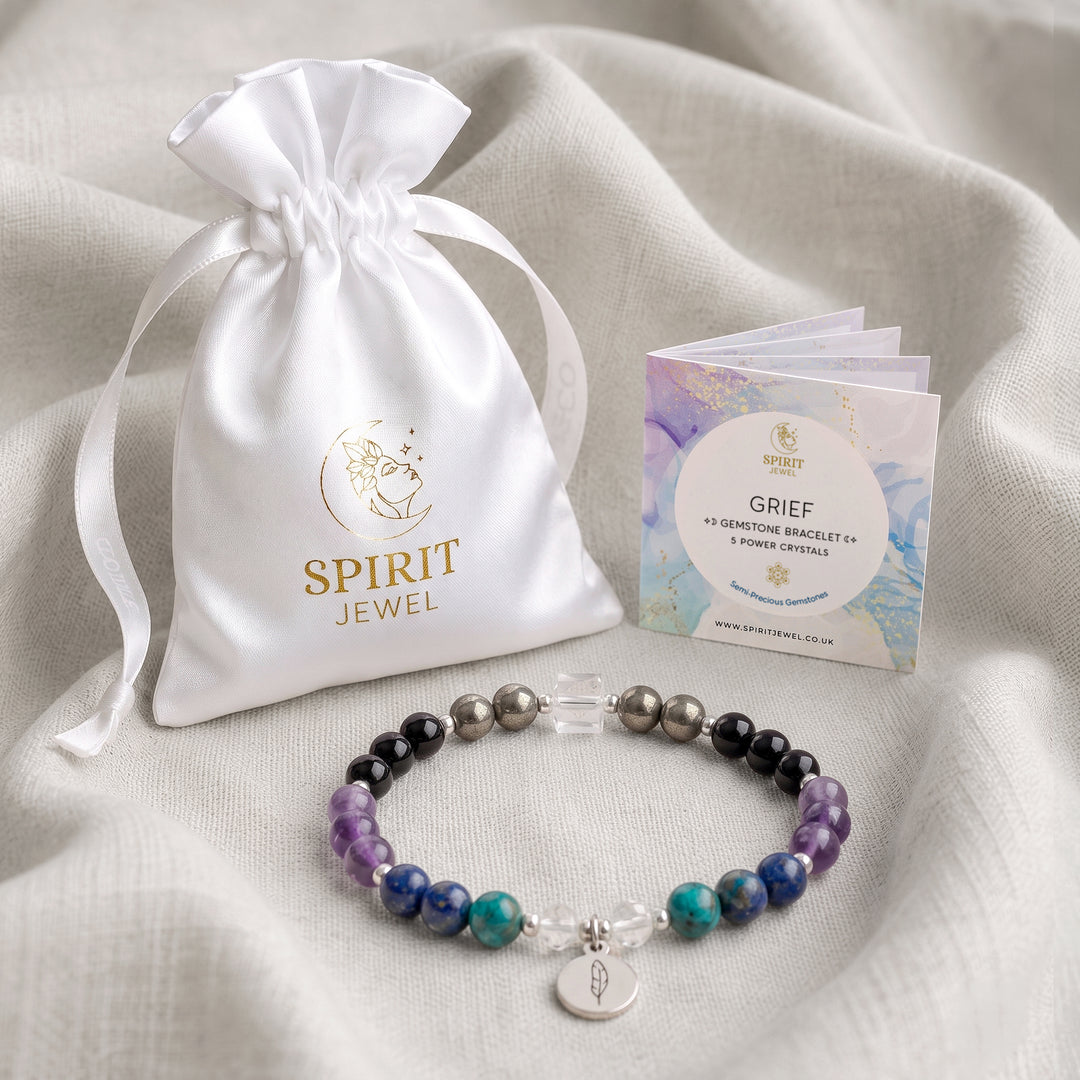 Amethyst &amp; Black Tourmaline Personalised Grief Crystal Bracelet with Spirit Jewel Pouch and Crystal Meanings Guide