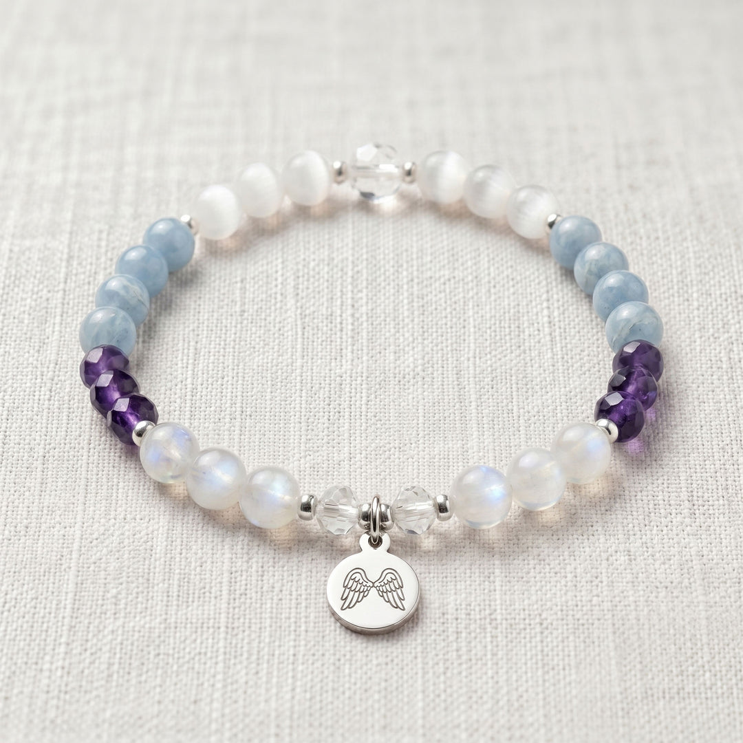 Moonstone &amp; Angelite Guardian Angel Personalised Crystal Bracelet