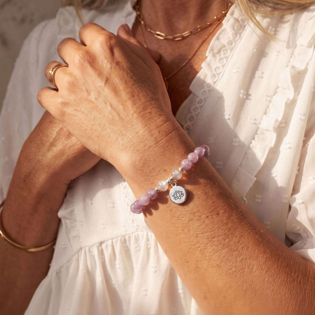 Moonstone &amp; Lepidolite Personalised Menopause Crystal Bracelet shown worn on the wrist