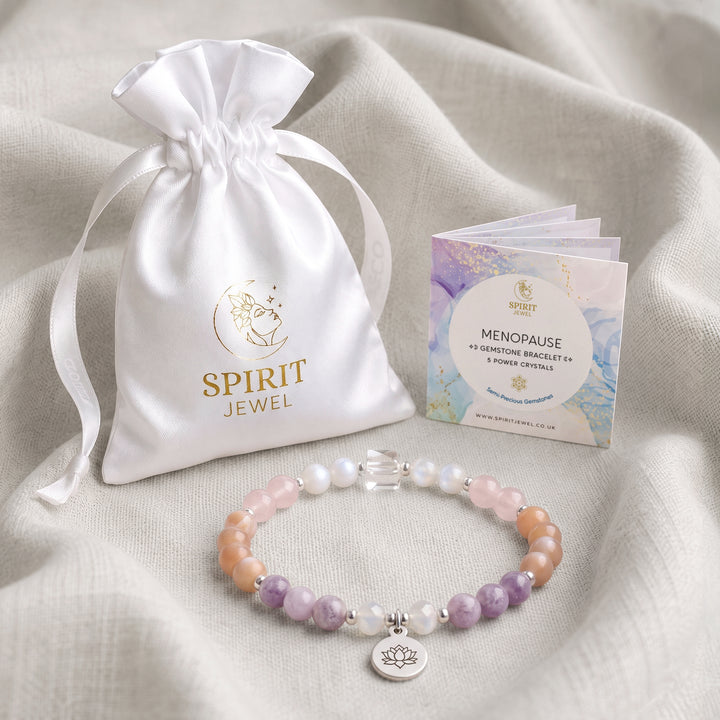 Moonstone Personalised Menopause Crystal Bracelet with Spirit Jewel Pouch and Crystal Meanings Guide
