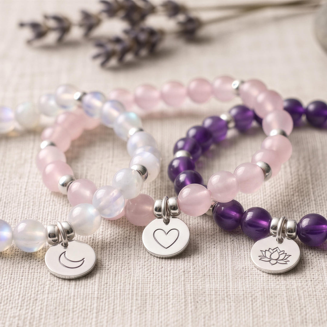 Moonstone,-Rose-Quartz,-Amethyst-Crystal-Gemstone-Bracelets, spirtutal jewellery, beaded bracelets