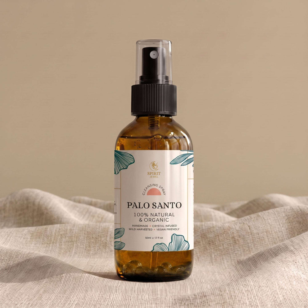 Palo santo smudge spray in 50ml amber glass bottle, 100% natural and organic energy cleansing spray by Spirit Jewel