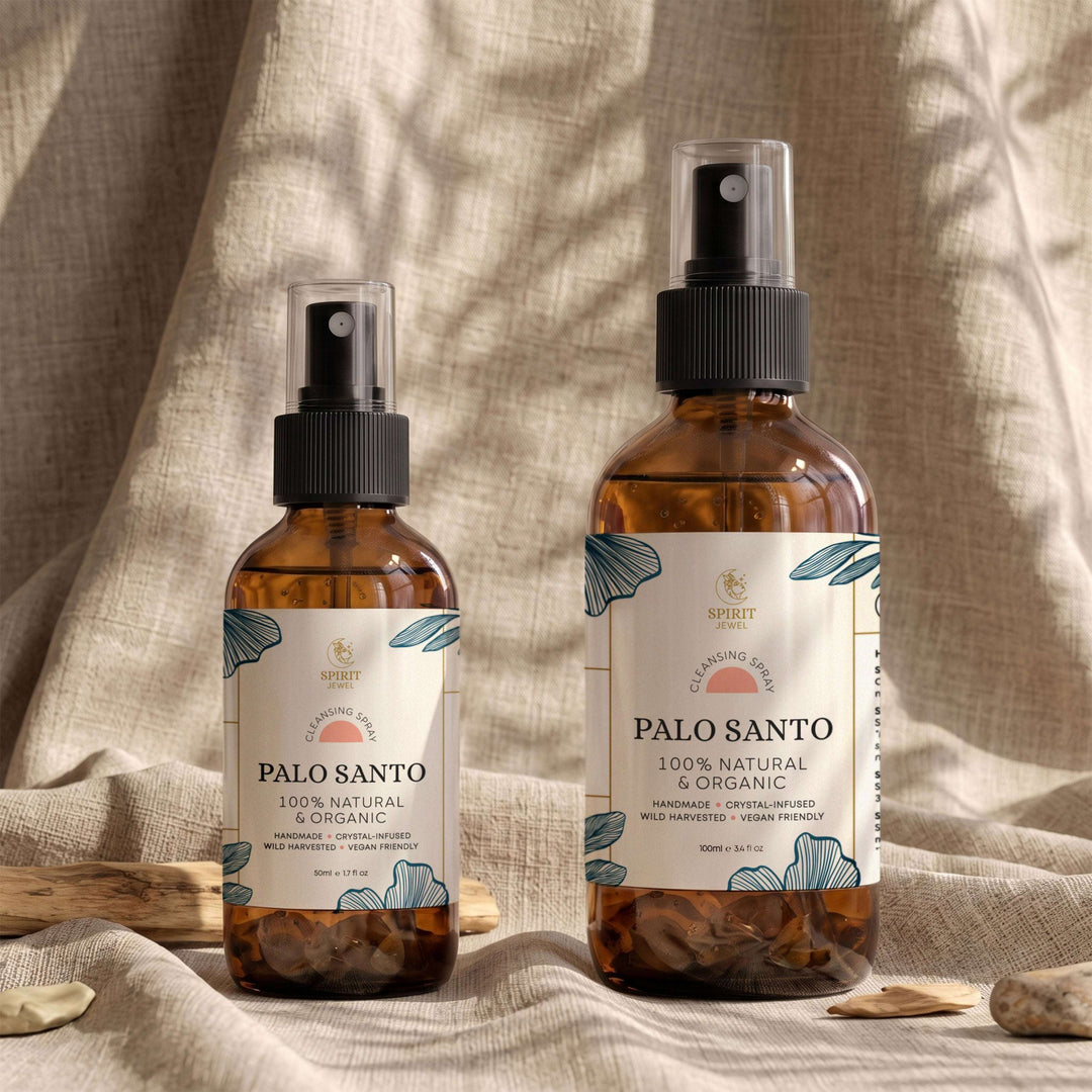 Palo santo cleansing spray in 50ml and 100ml glass bottles with palo santo wood sticks, handmade smokeless smudge spray