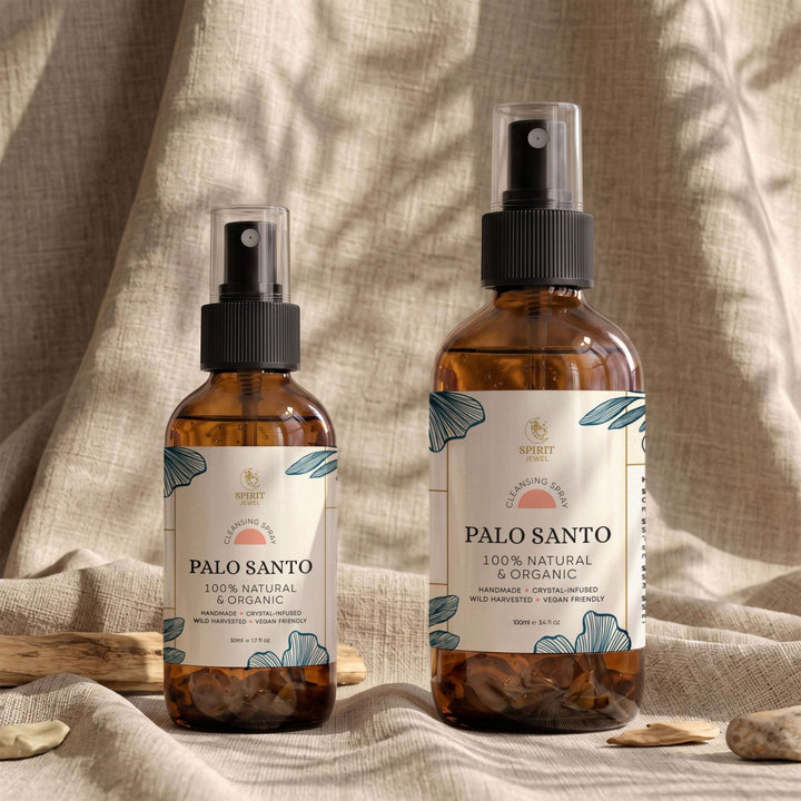 Palo santo cleansing spray in 50ml and 100ml glass bottles with palo santo wood sticks, handmade smokeless smudge spray