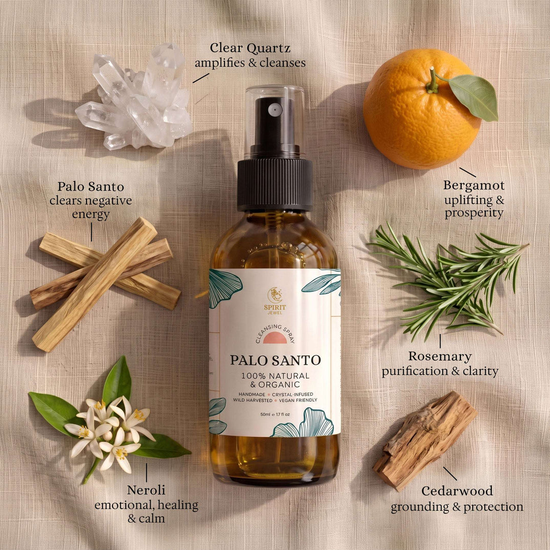 Palo santo smudge spray ingredients with healing properties: palo santo holy wood, clear quartz, neroli, cedarwood, rosemary and bergamot
