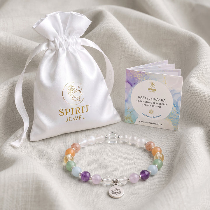 Pastel Chakra Personalised Crystal Healing Bracelet with Spirit Jewel Pouch and Crystal Meanings Guide