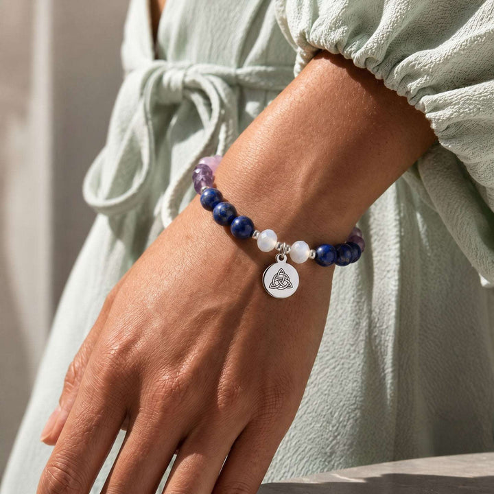 Lapis Lazuli, Amethyst, Moonstone Personalised Psychic Crystal Bracelet shown worn on the wrist