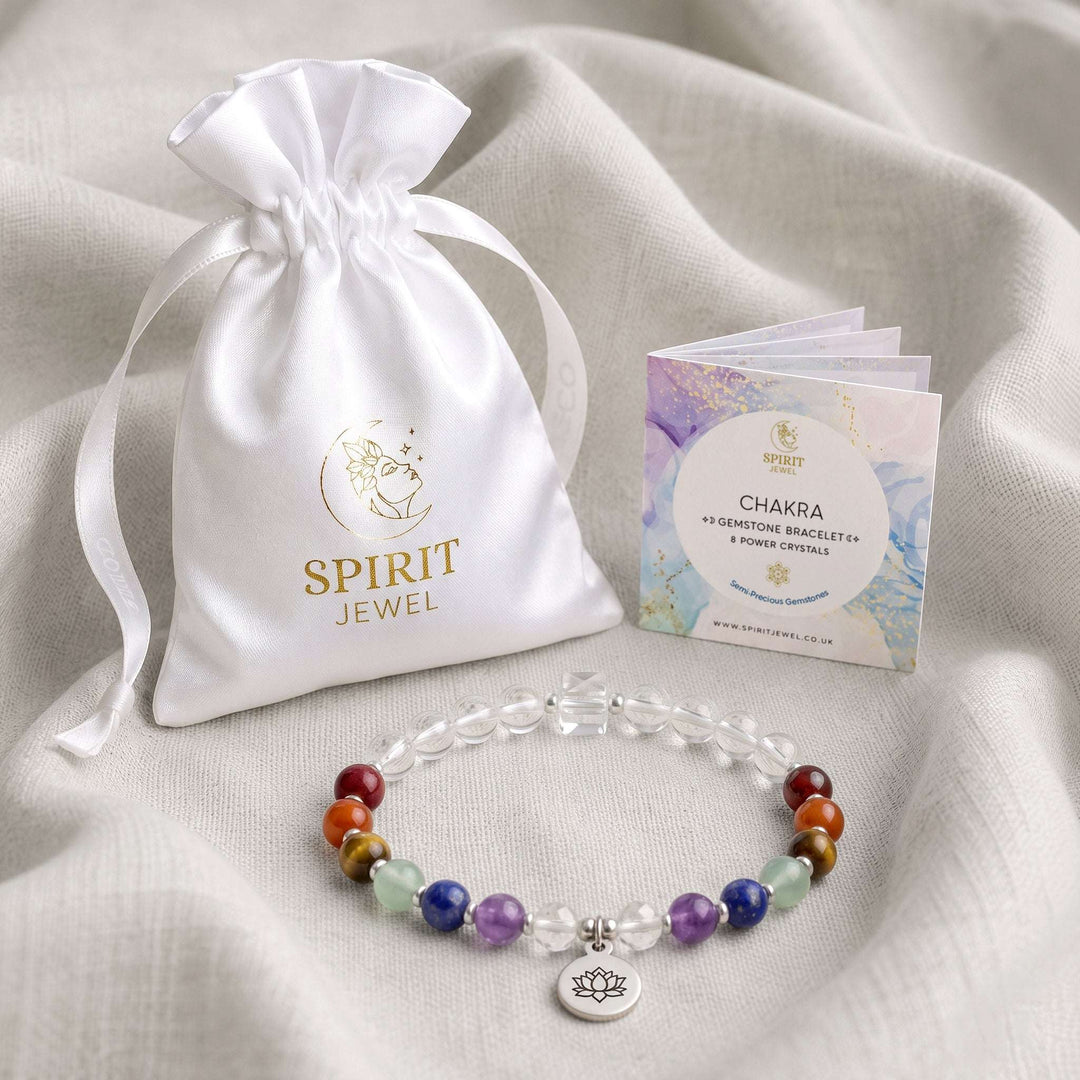 7 Chakra Personalised Crystal Healing Bracelet with Spirit Jewel Pouch and Crystal Meanings Guide