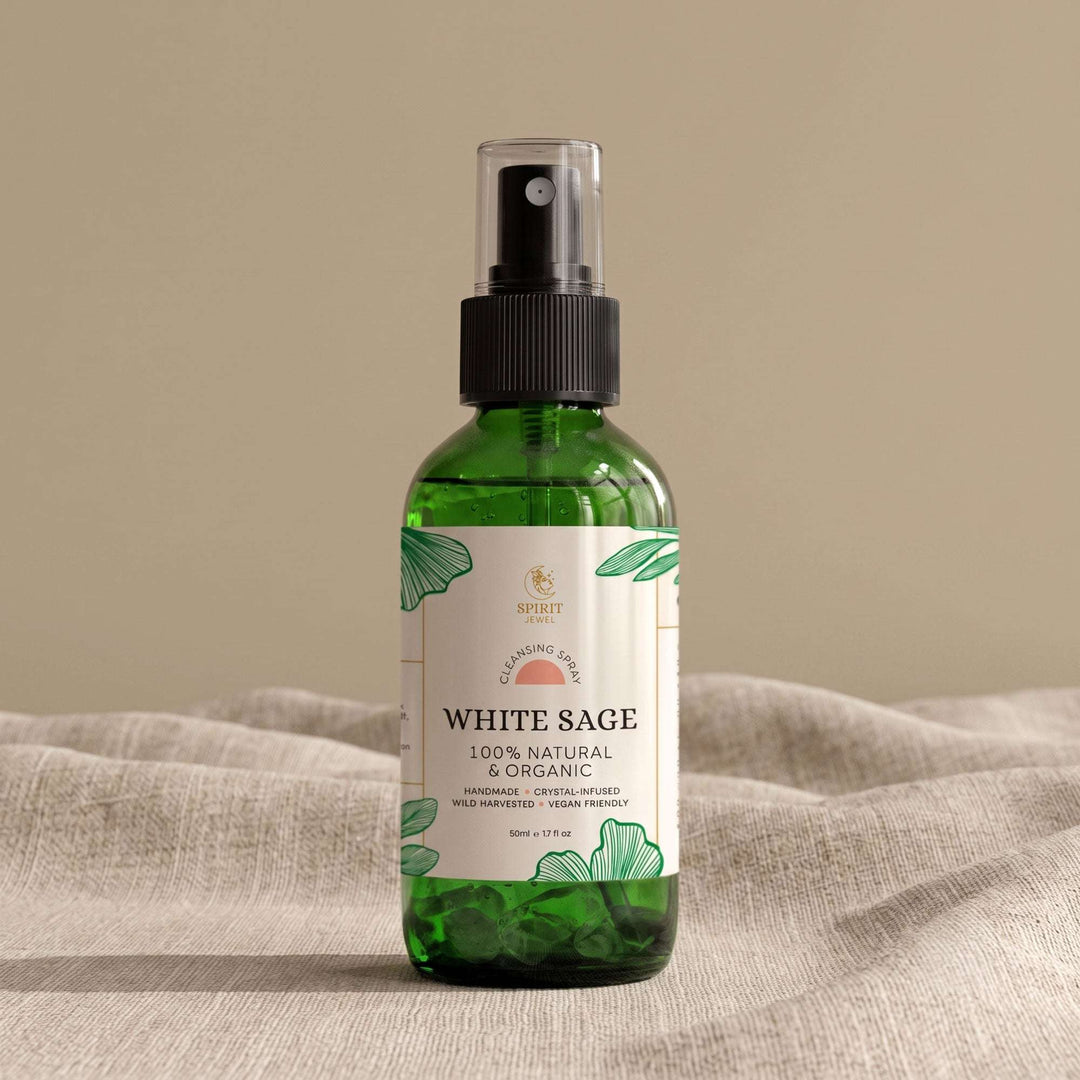 White sage smudge spray in 50ml green glass bottle, 100% natural and organic energy cleansing spray by Spirit Jewel