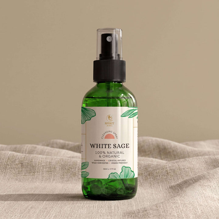 White sage smudge spray in 50ml green glass bottle, 100% natural and organic energy cleansing spray by Spirit Jewel