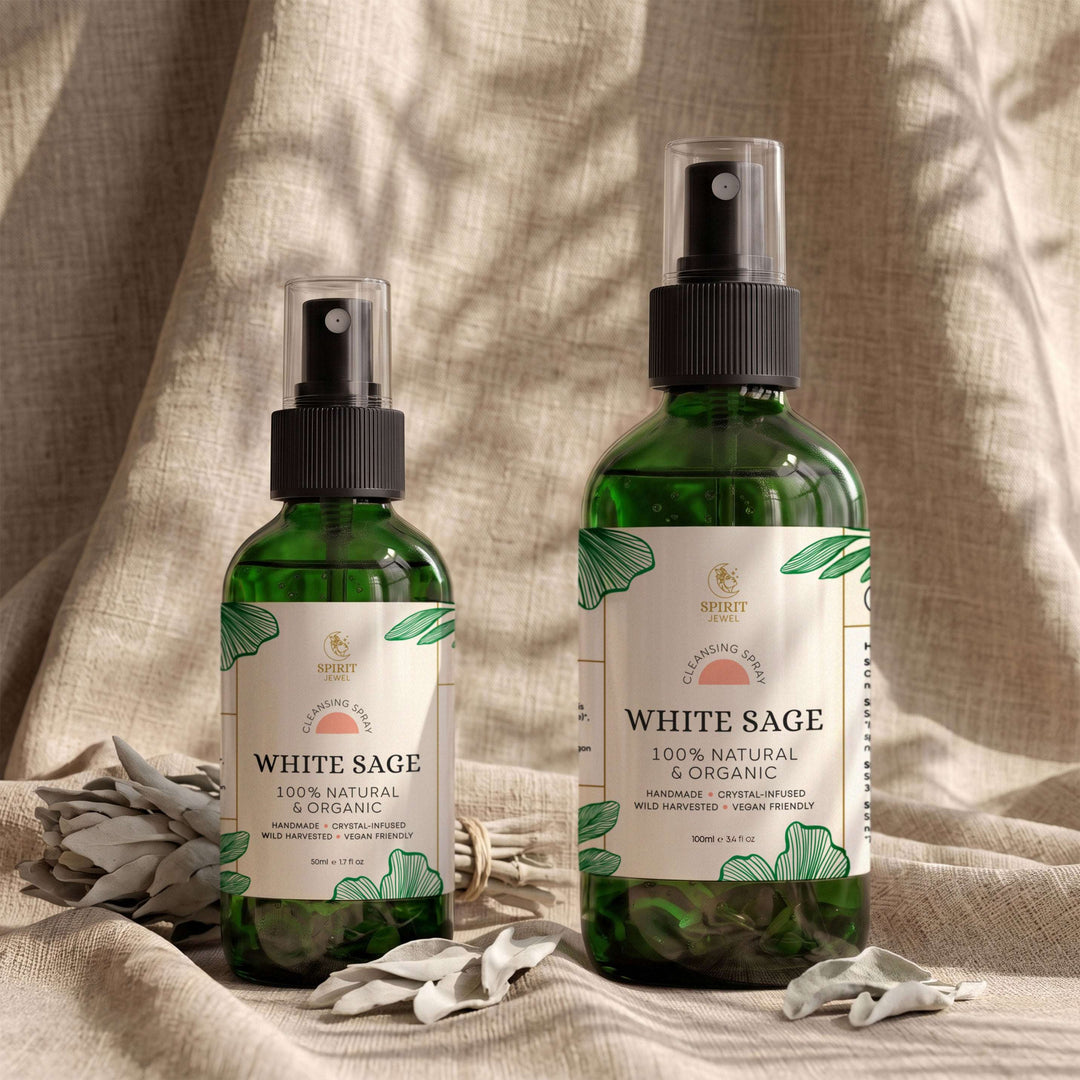 White sage cleansing spray in 50ml and 100ml glass bottles with dried white sage bundle, handmade smokeless smudge spray
